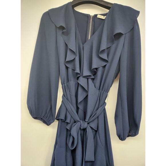 Alice + Olivia Kye V-Neck Ruffle Midi Dress Size 0 Navy #1C421 - Picture 4 of 12